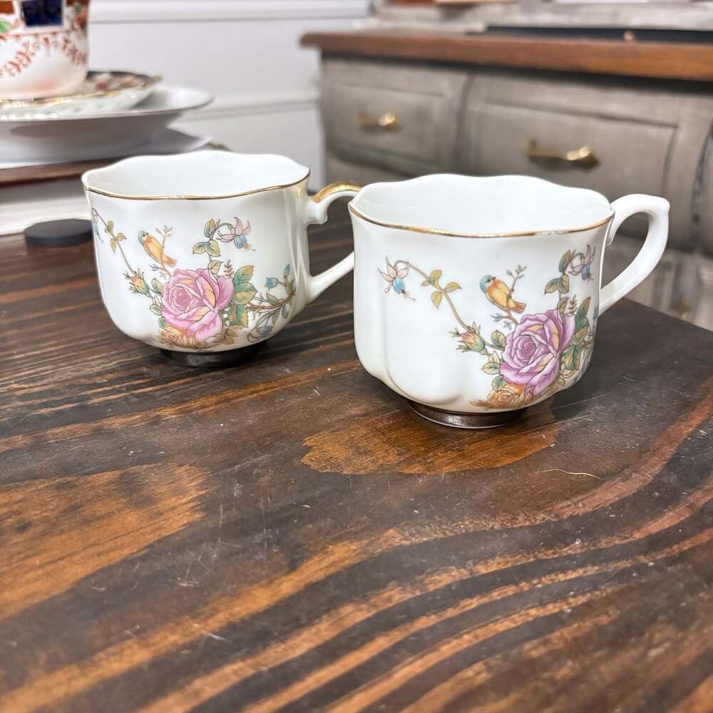 Vintage Made in Japan Floral Bird Tea Cups Set Of 2